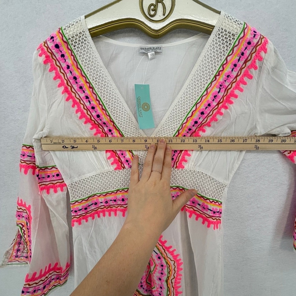 Debbie Katz Cover Up Mini Dress XS White Pink Summer Boho Beach Vacation - Picture 8 of 14